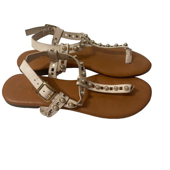 Goldtone T-Strap Buckle Closure White Flat Sandals With Faux Pearls Size 7 - Picture 3 of 6